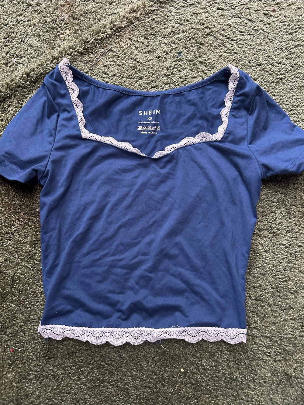 SHEIN Blue Top with White Lace Trim